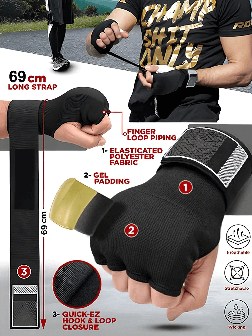 Elasticated inner hand wraps with gel padding for MMA, featuring Quick-EZ closure, 69cm strap, and breathable fabric for optimal fit.